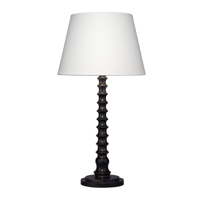 Maklaine Hand-Carved Mango Wood Table Lamp in Black with Linen Shade