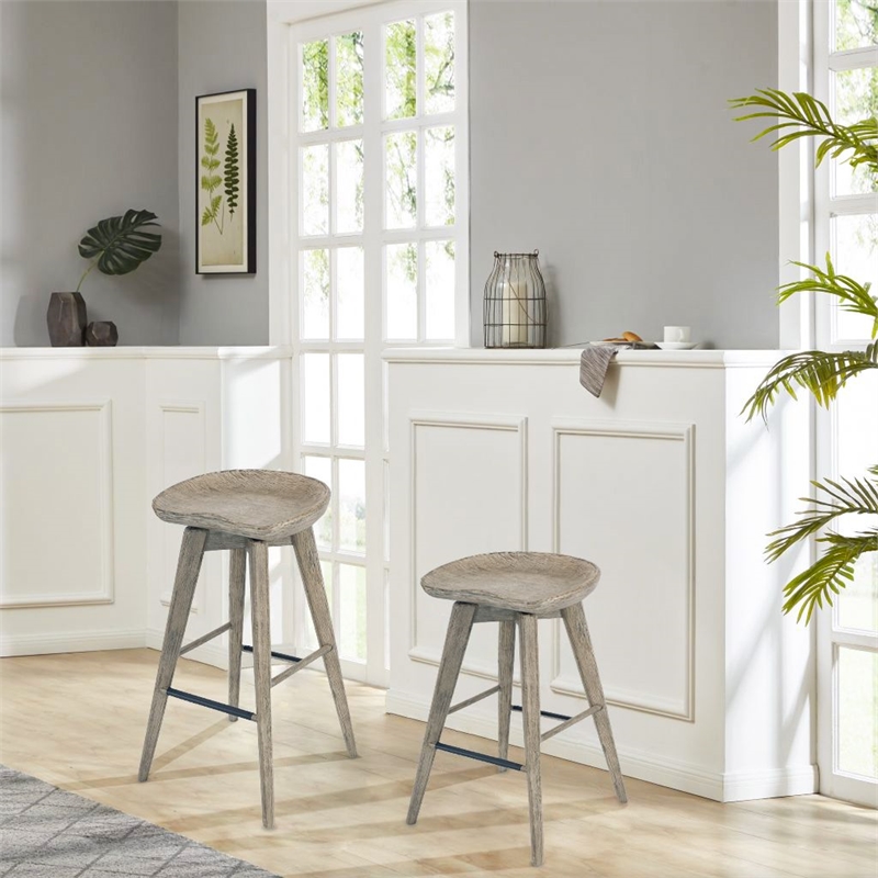 Maklaine Wood Counter Height Swivel Stool in Barnwood Wire-Brush/Light Brown