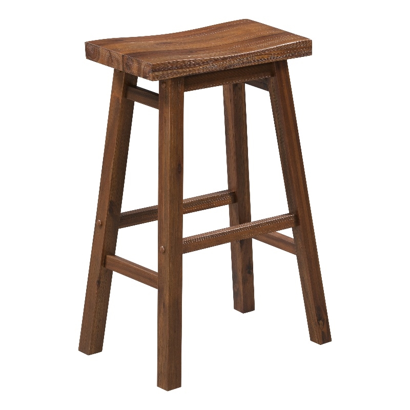 Maklaine Contemporary Wood Saddle Barstool in Chestnut Wire-Brush Finish
