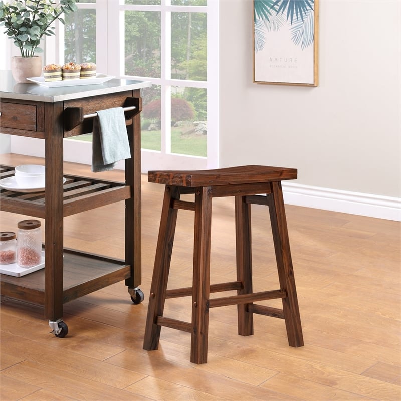 Maklaine Wood Saddle Counter Stool in Chestnut Wire-Brush Finish