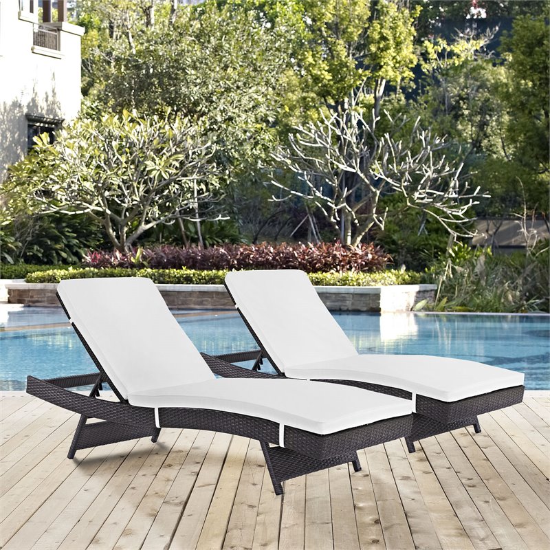 Maklaine Rattan Aluminum Patio Chaise in Espresso/White (Set of 2)
