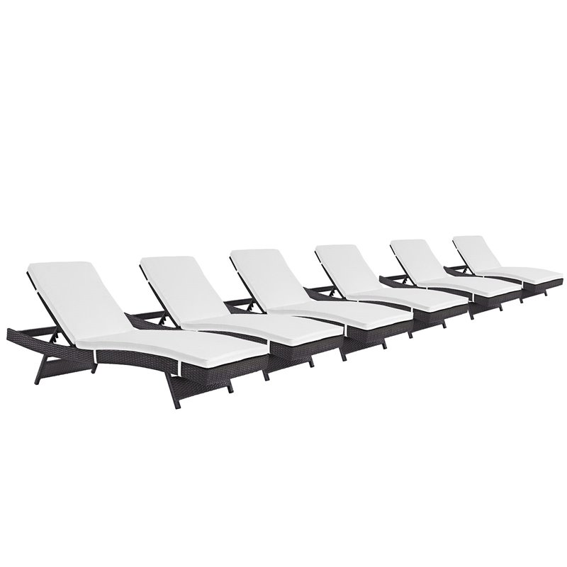 Maklaine Rattan Aluminum Patio Chaise in Espresso/White (Set of 6)