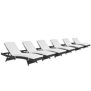 Maklaine Rattan Aluminum Patio Chaise in Espresso/White (Set of 6)