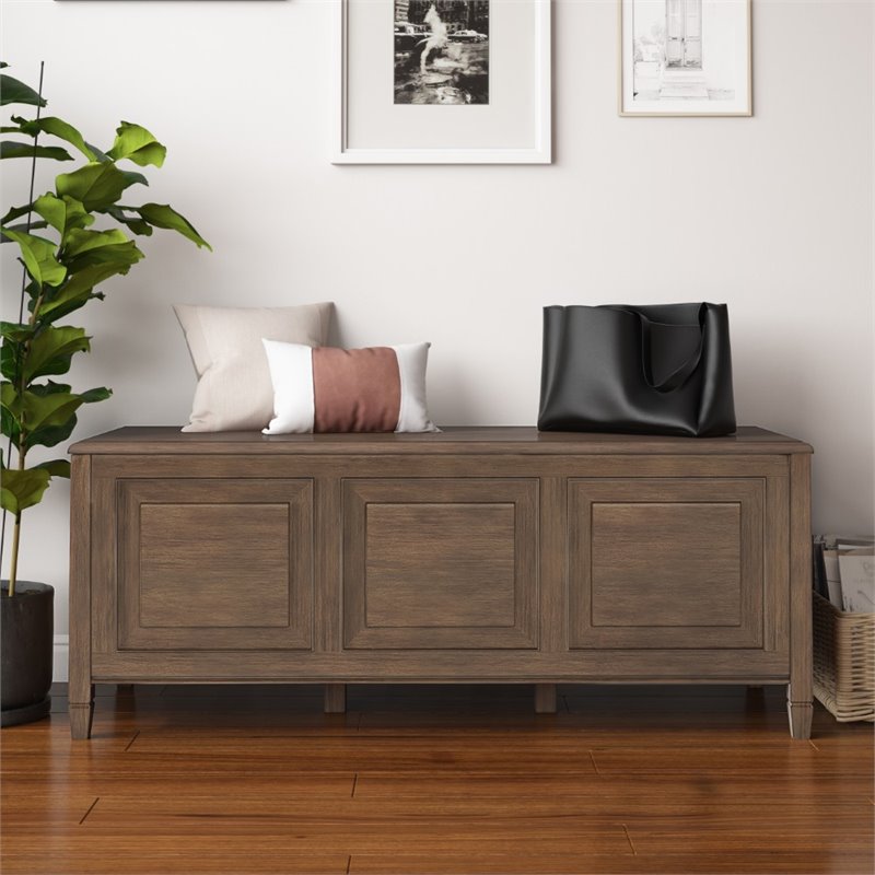 Maklaine Traditional Solid Wood Storage Bench in Natural Aged Brown