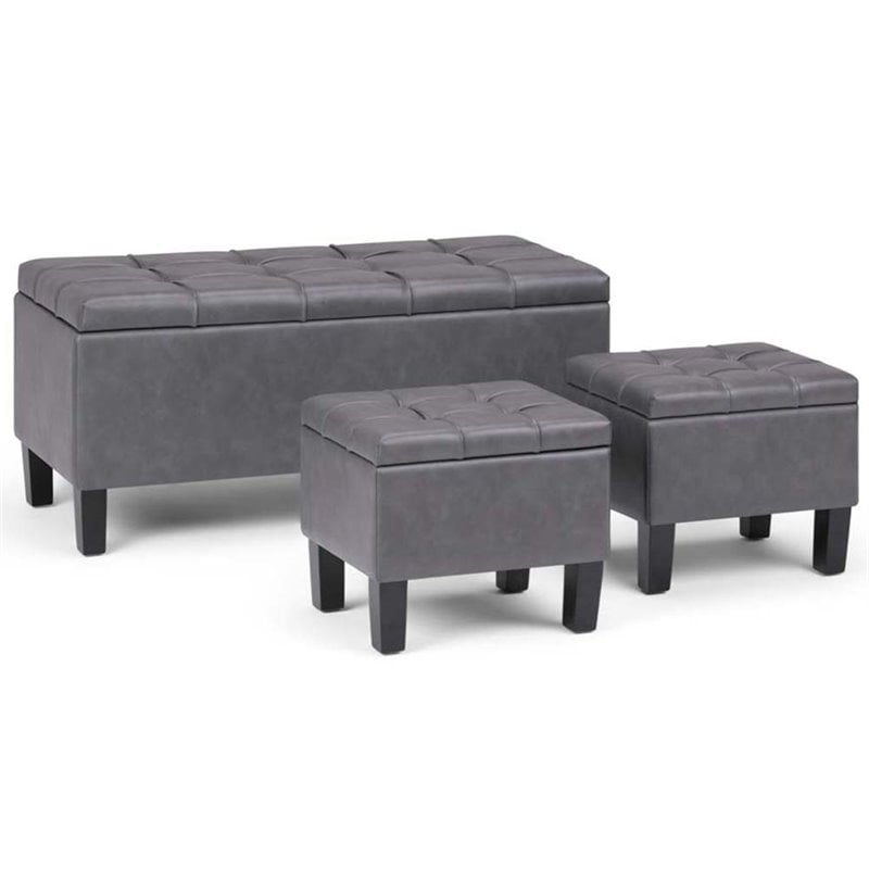 Maklaine Contemporary 3 Pc Faux Leather Storage Bench in Stone Gray