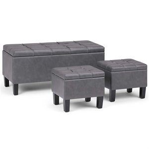 Maklaine Contemporary 3 Pc Faux Leather Storage Bench in Stone Gray