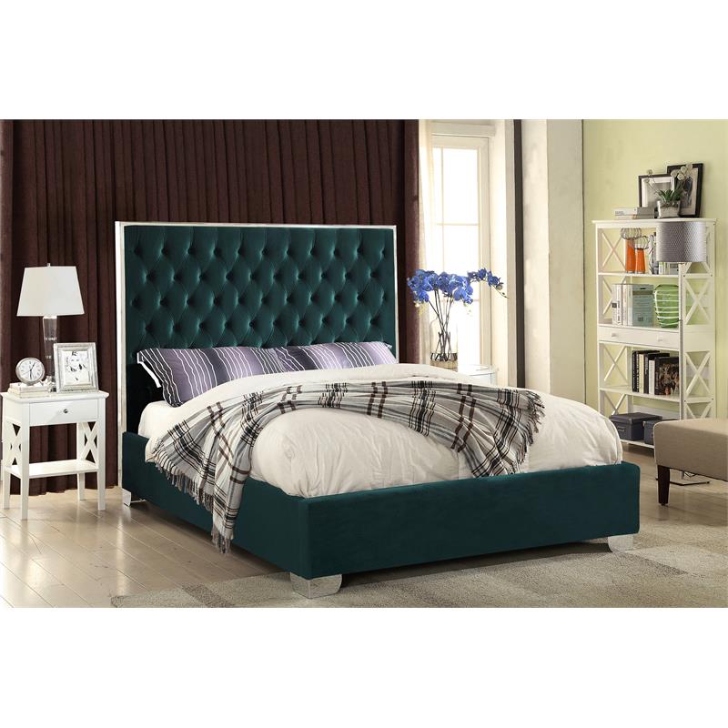 Maklaine Contemporary Solid Wood and Velvet Queen Bed in Green
