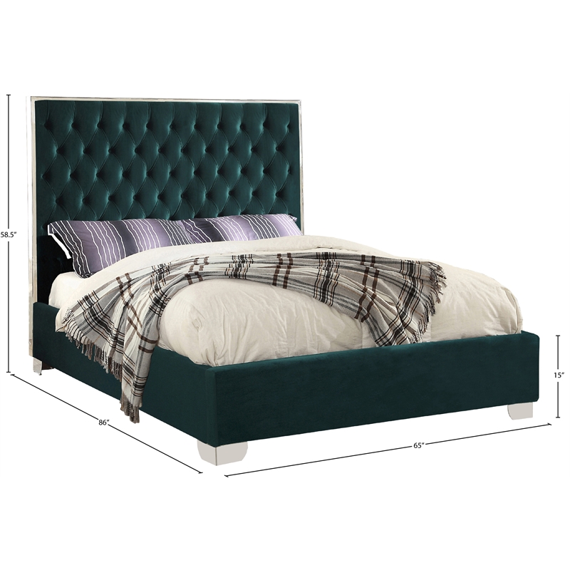 Maklaine Contemporary Solid Wood and Velvet Queen Bed in Green
