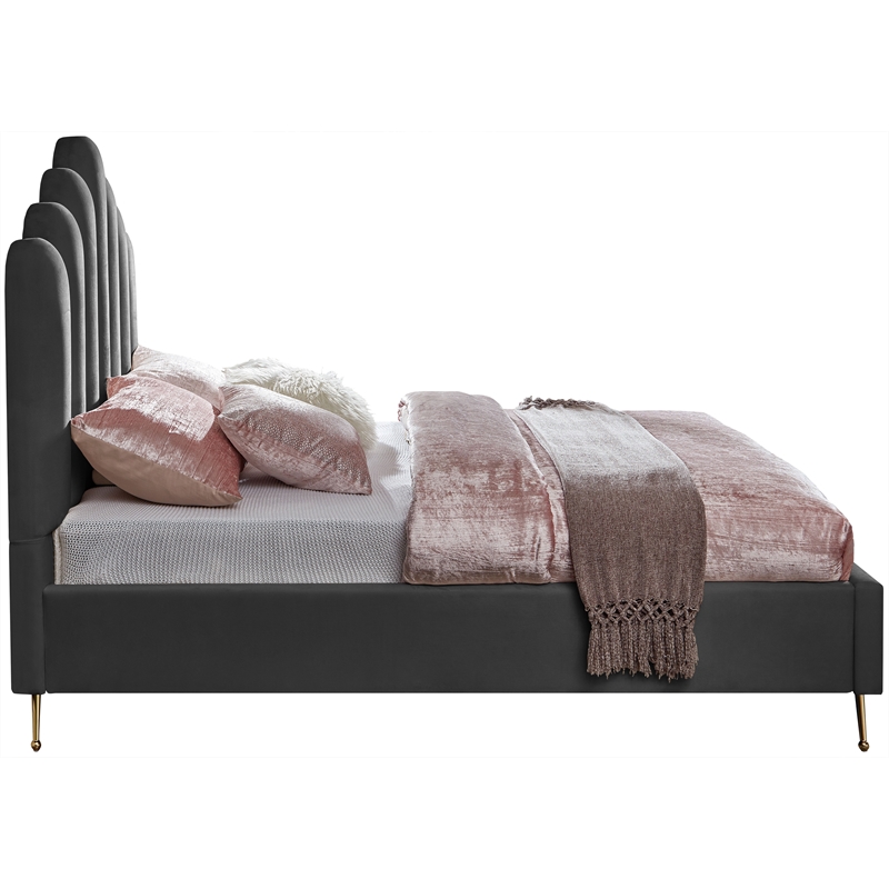 Maklaine Contemporary Solid Wood and Tufted Velvet Full Bed in Gray