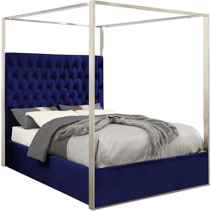 Maklaine Contemporary Deep Detailed Tufted Velvet Queen Bed in Navy
