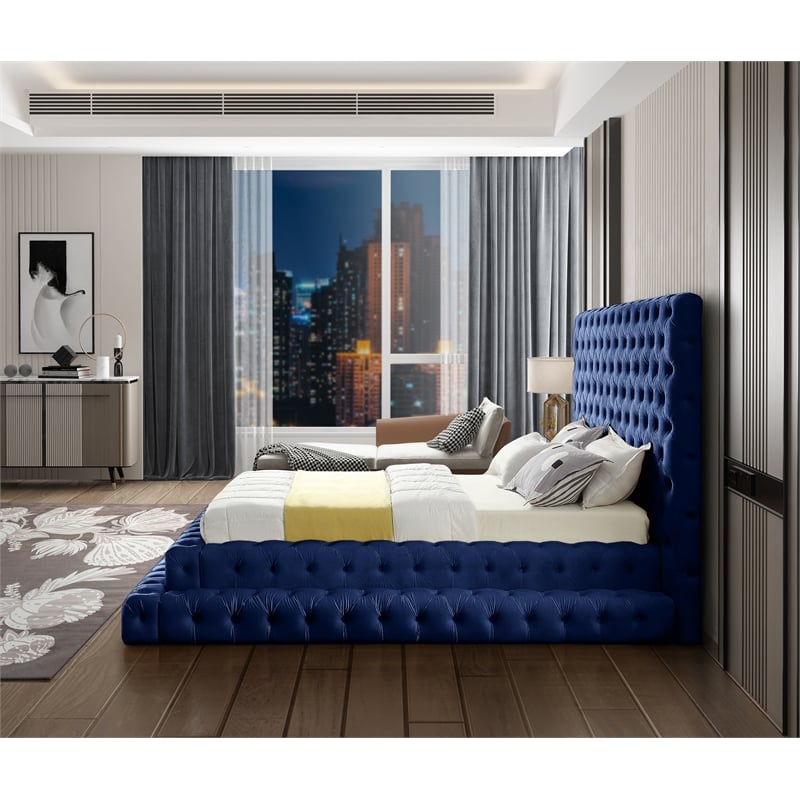 Maklaine Contemporary Deep Detailed Tufted Rich Soft Navy Velvet Queen Bed