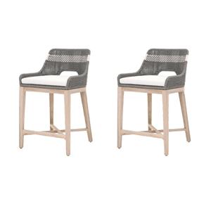 Maklaine Set of 2 Transitional Woven 26&quot Wood Outdoor Counter Stool in Gray