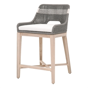 Maklaine Transitional Woven 26&quot Wood Outdoor Counter Stool in Gray