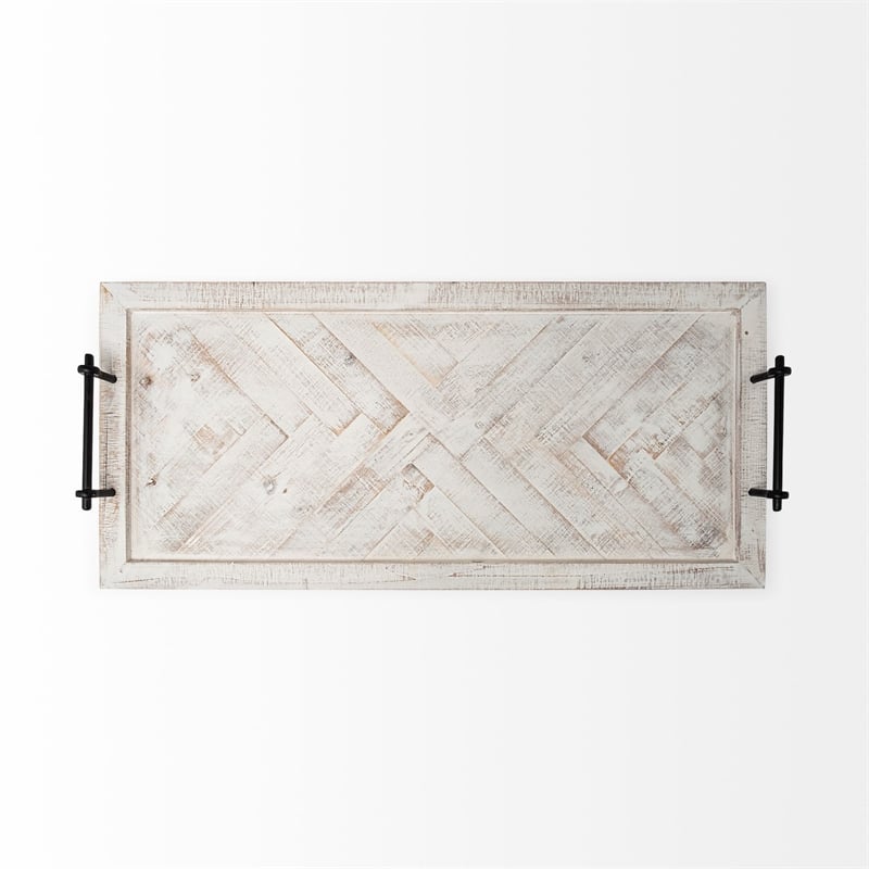 Maklaine Farmhouse Whitewashed Wooden Herringbone Rectangular Tray