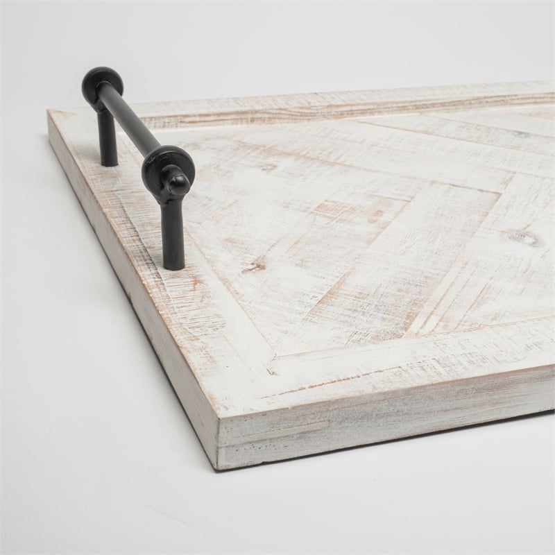 Maklaine Farmhouse Whitewashed Wooden Herringbone Rectangular Tray