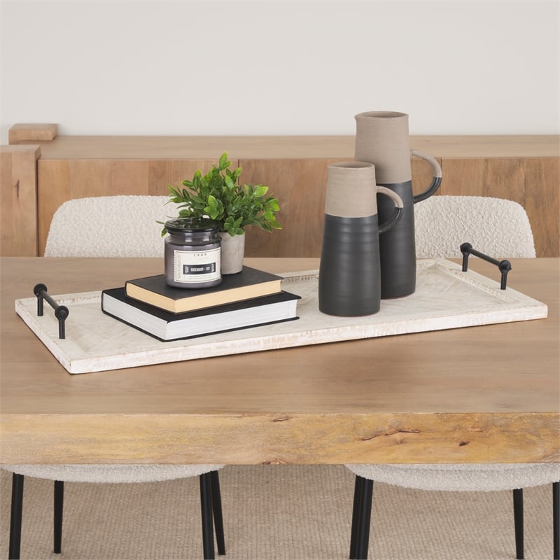 Maklaine Farmhouse Whitewashed Wooden Herringbone Rectangular Tray