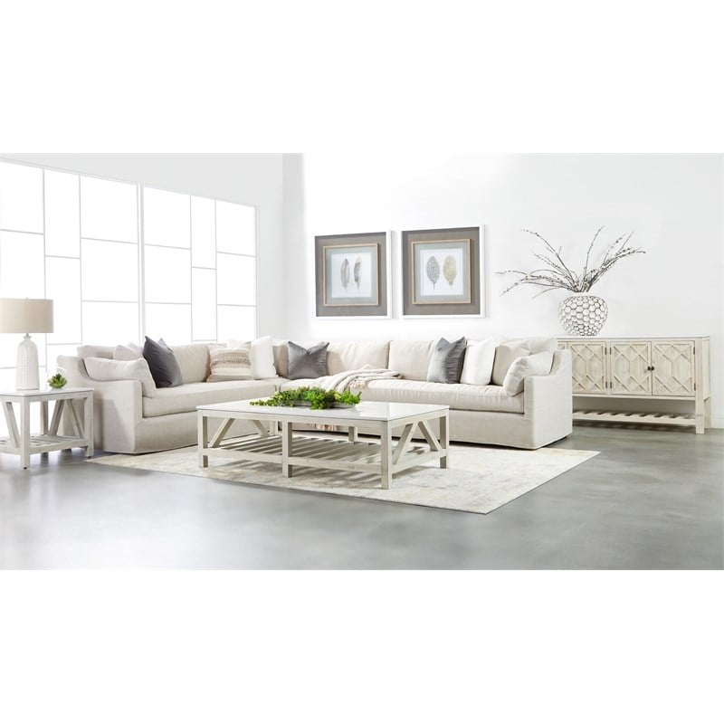 Maklaine Transitional Antique Spruce Wood Coffee Table in White Wash