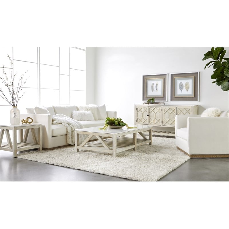 Maklaine Transitional Antique Spruce Wood Coffee Table in White Wash