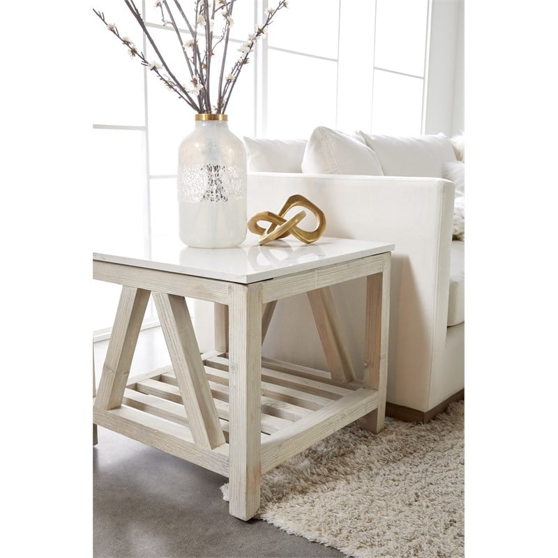 Maklaine Transitional Antique Spruce Wood End Table in White Wash