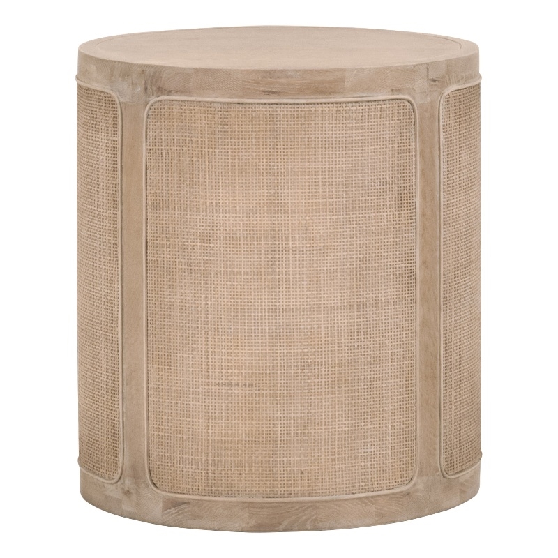 Maklaine Transitional Antique Cane Wood End Table in Smoke Gray Oak