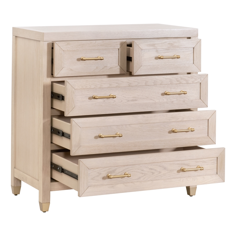 Maklaine Modern Transitional 5-Drawer Wood High Chest in Light Oak