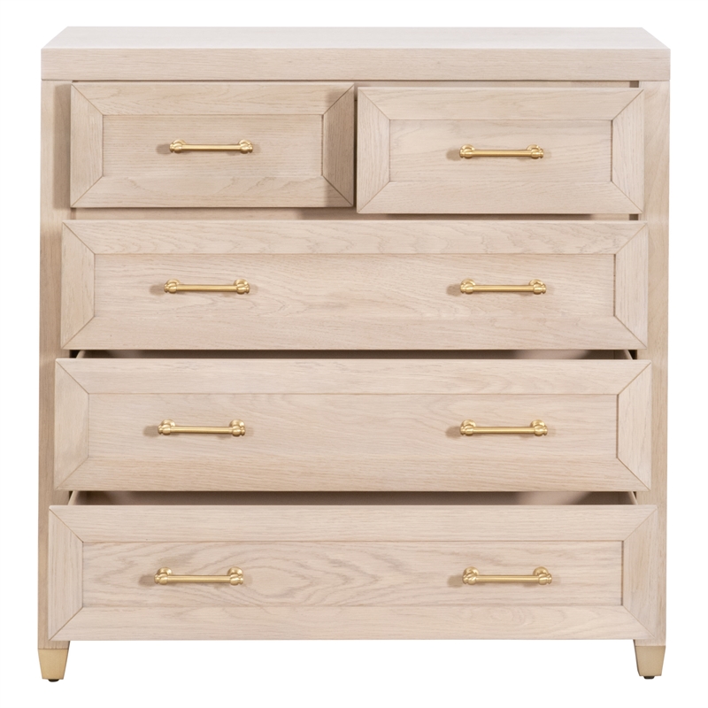 Maklaine Modern Transitional 5-Drawer Wood High Chest in Light Oak