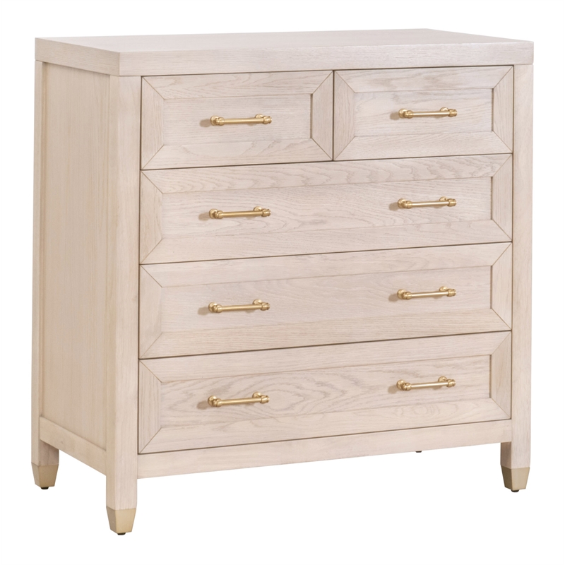 Maklaine Modern Transitional 5-Drawer Wood High Chest in Light Oak