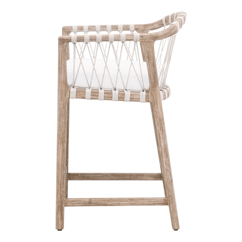 Maklaine Counter Stool in Natural Gray Solid Wood with White Upholstery and Rope
