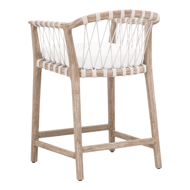 Maklaine Counter Stool in Natural Gray Solid Wood with White Upholstery and Rope