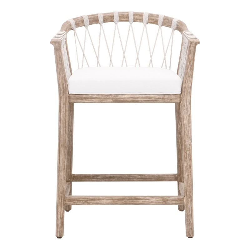 Maklaine Counter Stool in Natural Gray Solid Wood with White Upholstery and Rope