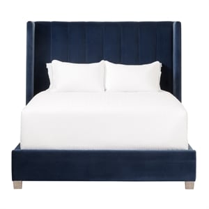 Maklaine Transitional Queen Bed in Denim Blue Velvet and Natural Gray Oak