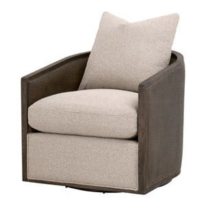Maklaine Swivel Club Chair in Beige Fabric with Matte Brown Oak & Cane