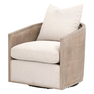 Maklaine Swivel Club Chair in Beige Fabric with Natural Gray Oak & Cane