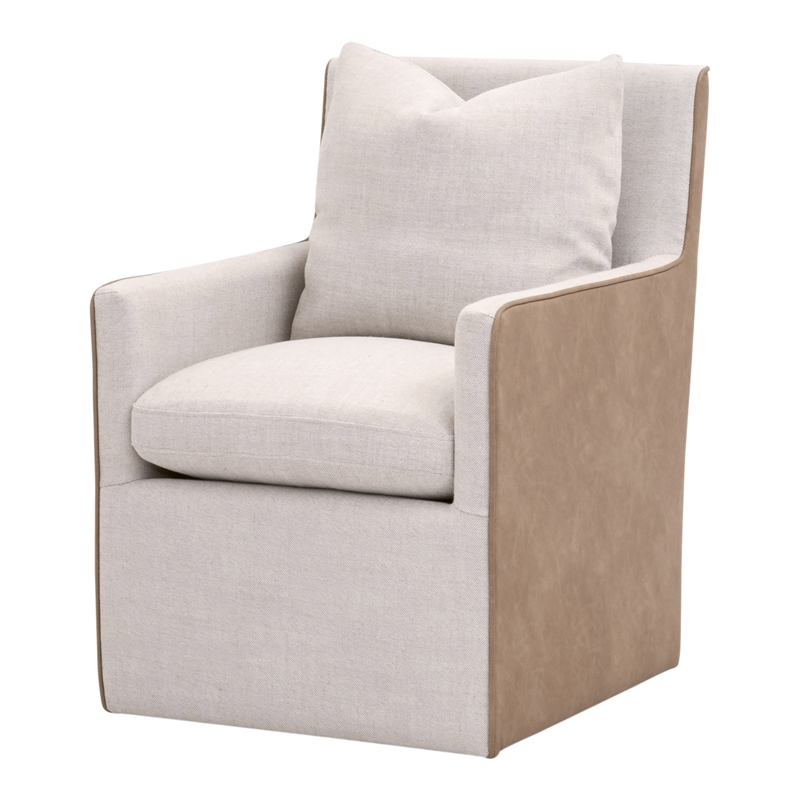 Maklaine Transitional Arm Chair With Casters in Beige & Brown Fabric