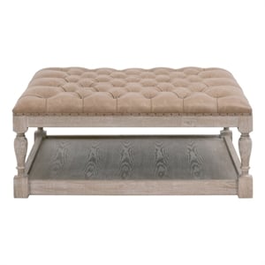 Maklaine Tufted Upholstered Coffee Table in Brown Fabric & Natural Gray Wood