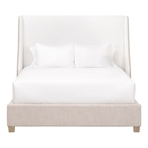 Maklaine Transitional King Bed in White/Beige Fabric & Natural Gray Wood