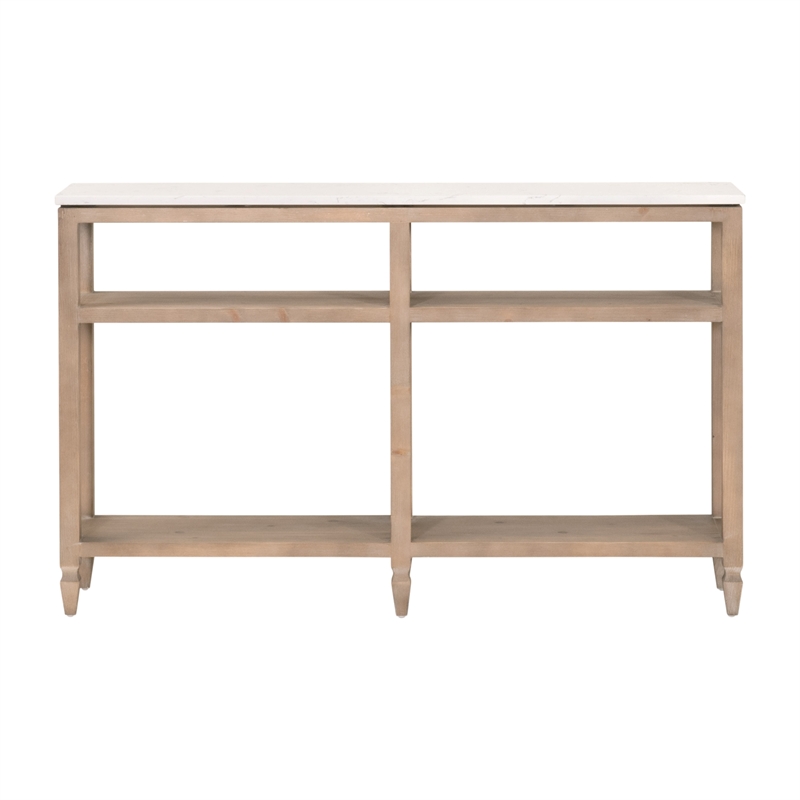 Maklaine Narrow Console Table in Natural Beige Solid Wood & White Quartz