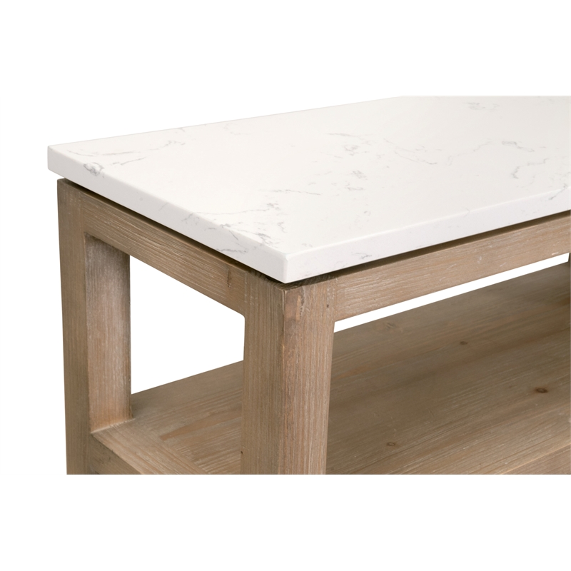 Maklaine Narrow Console Table in Natural Beige Solid Wood & White Quartz