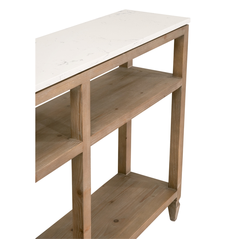 Maklaine Narrow Console Table in Natural Beige Solid Wood & White Quartz