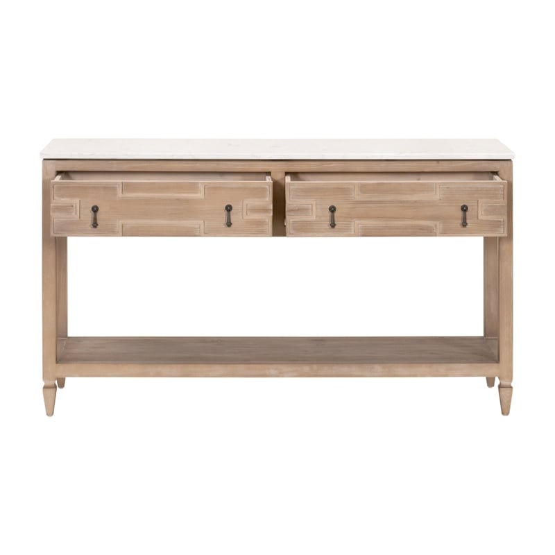Maklaine 2-Drawer Entry Console in Natural Beige Solid Wood & White Quartz