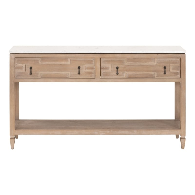 Maklaine 2-Drawer Entry Console in Natural Beige Solid Wood & White Quartz