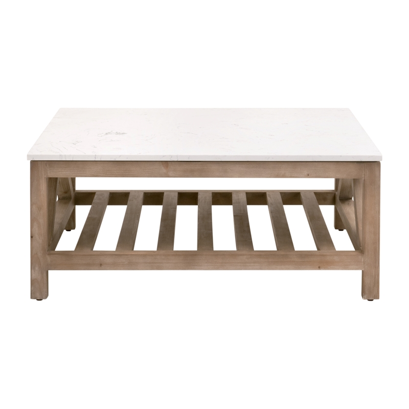Maklaine Transitional Square Coffee Table in Natural Beige Wood & White Quartz