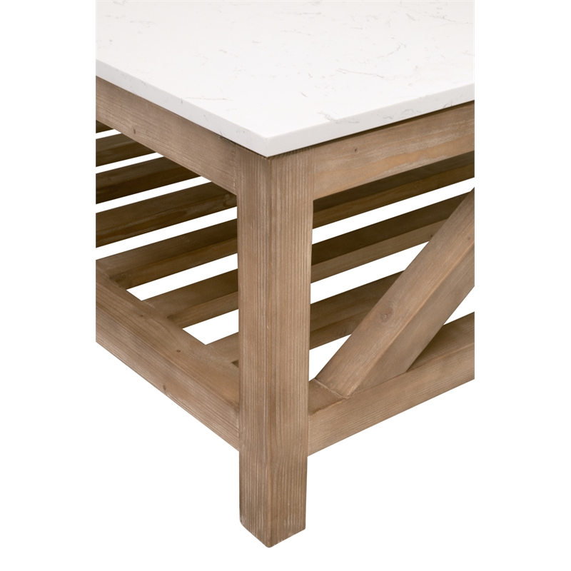 Maklaine Transitional Square Coffee Table in Natural Beige Wood & White Quartz