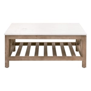 Maklaine Transitional Square Coffee Table in Natural Beige Wood & White Quartz