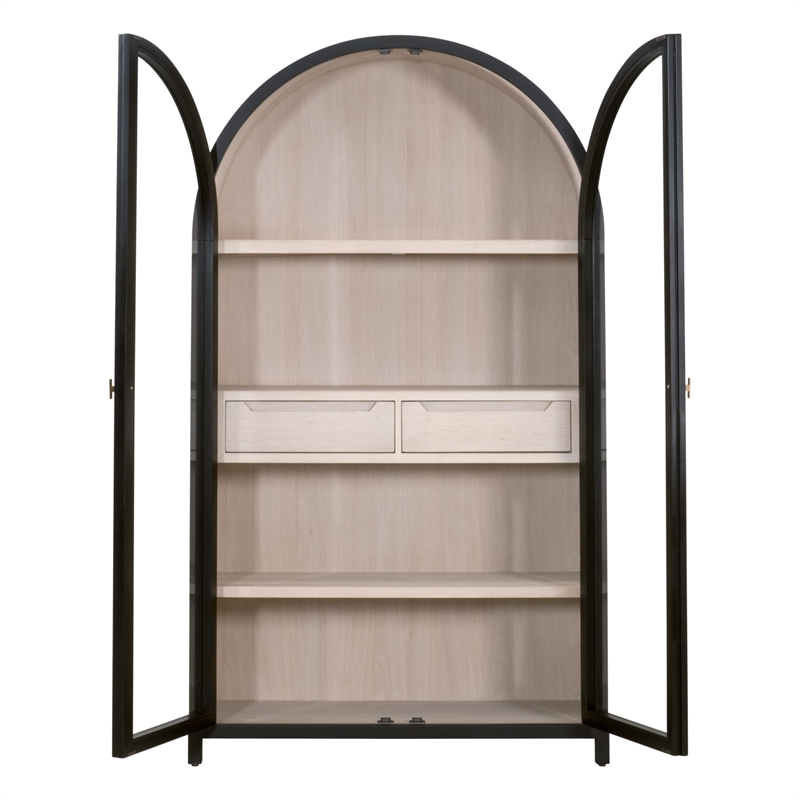 Maklaine Transitional Display Cabinet in Black Solid Wood & Natural Oak