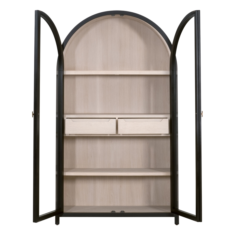 Maklaine Transitional Display Cabinet in Black Solid Wood & Natural Oak