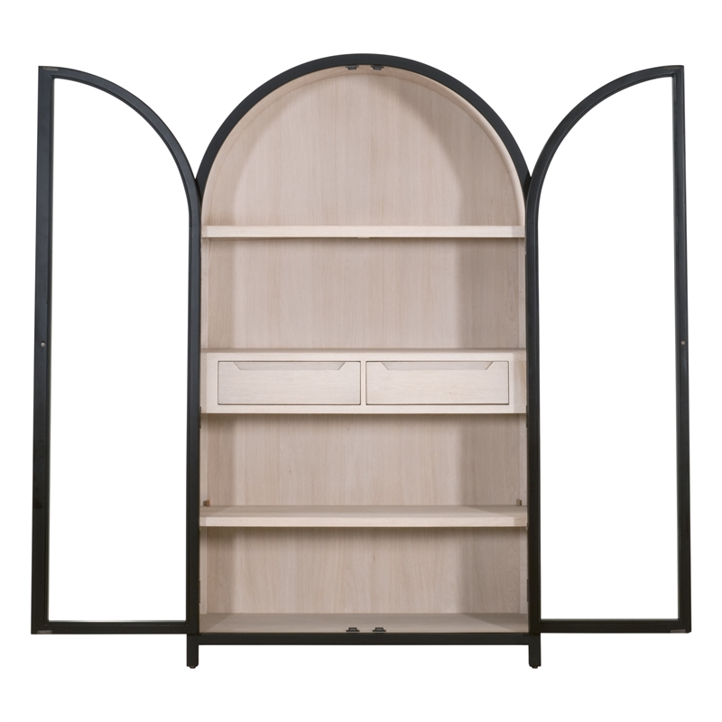 Maklaine Transitional Display Cabinet in Black Solid Wood & Natural Oak