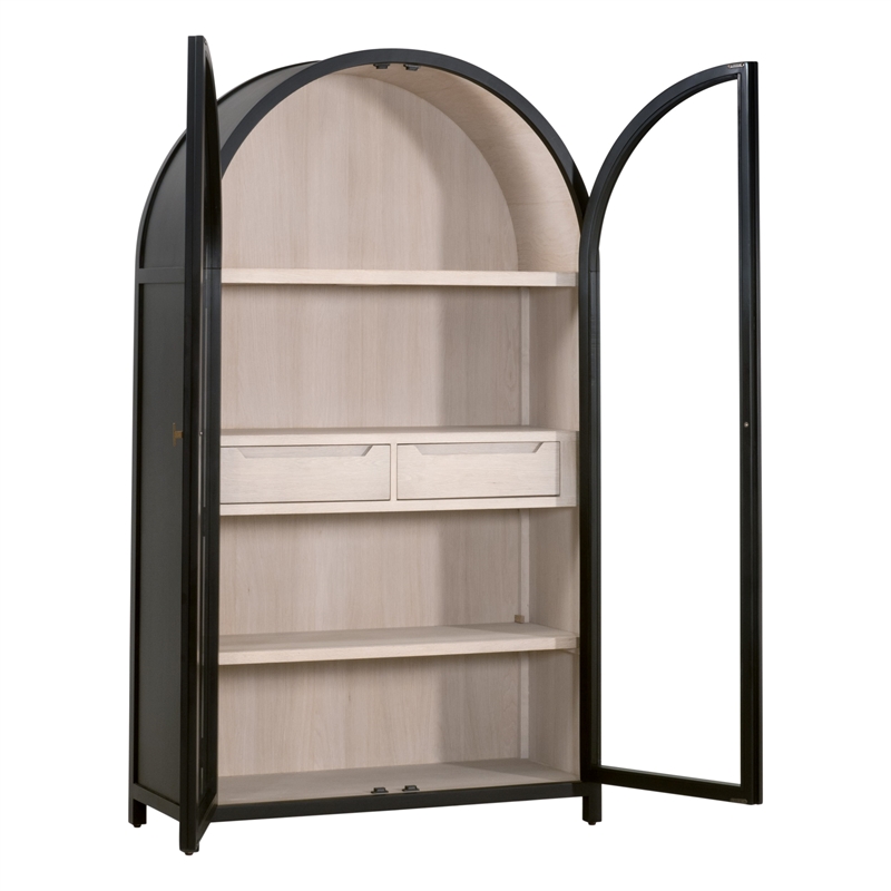 Maklaine Transitional Display Cabinet in Black Solid Wood & Natural Oak