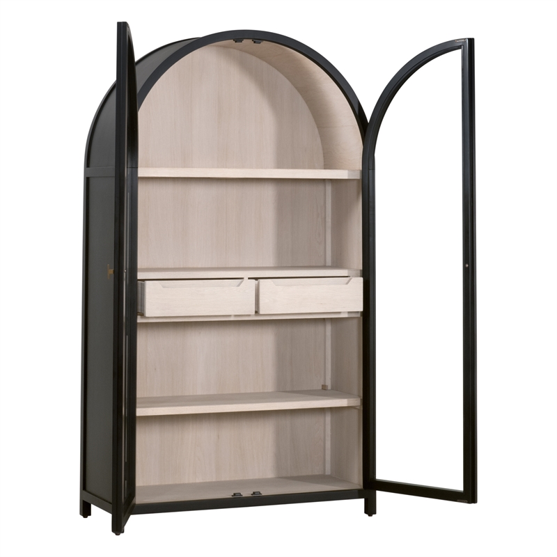 Maklaine Transitional Display Cabinet in Black Solid Wood & Natural Oak