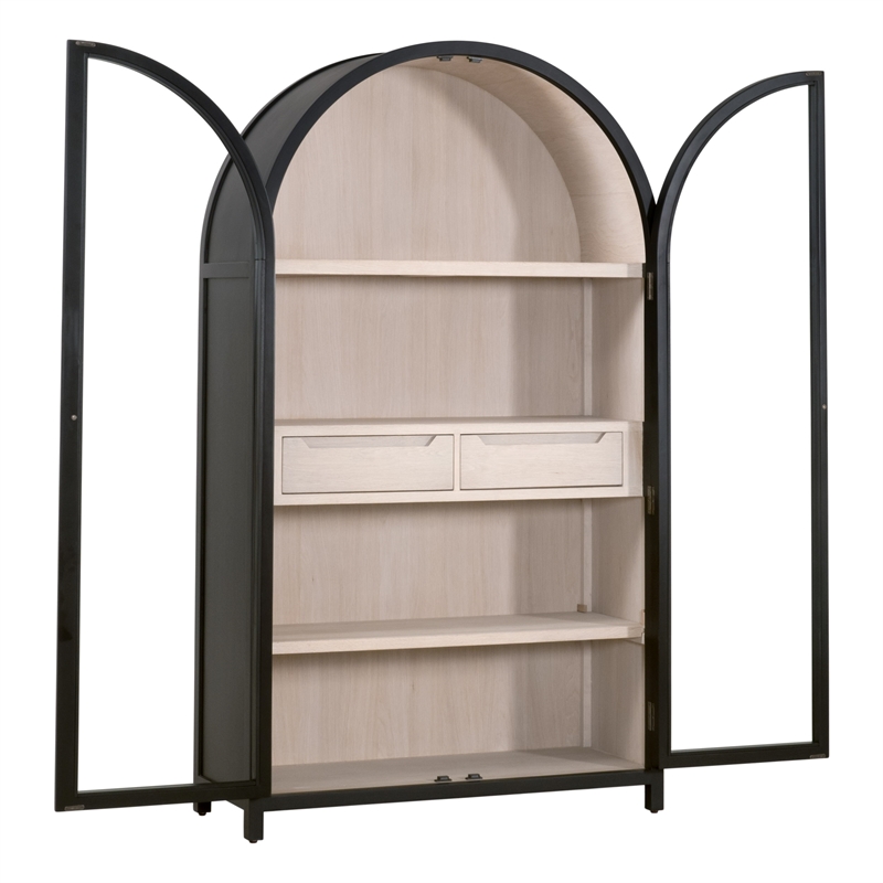 Maklaine Transitional Display Cabinet in Black Solid Wood & Natural Oak